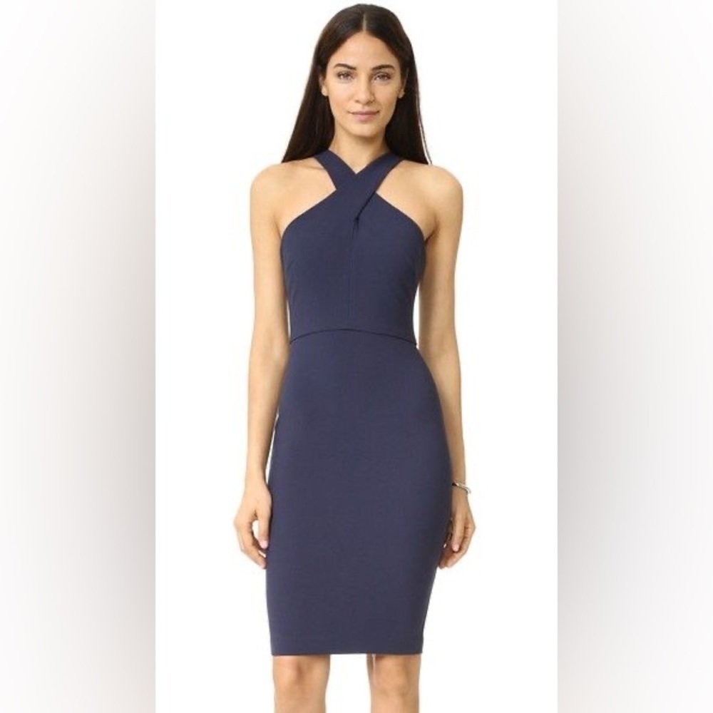 Likely Carolyn Navy Blue Crisscross Halter Neck Bodycon Cocktail Dress Size 4